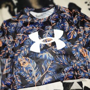 Under Armour Black Tee with Blue & Orange Tropical Leaf Print